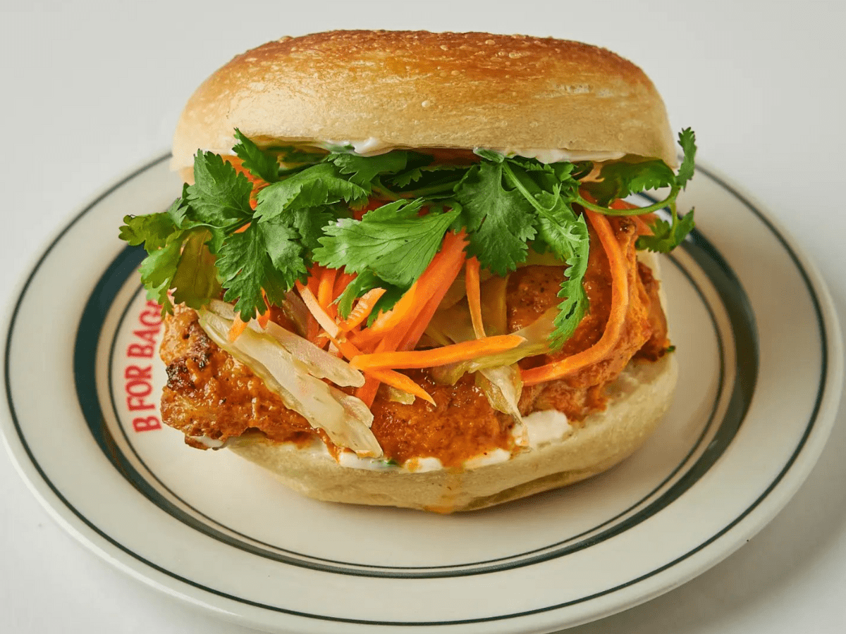 Red curry chicken bagel sandwich from B for Bagel