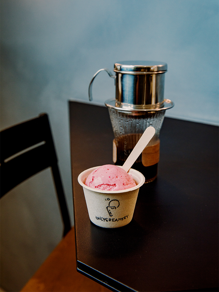 Titus Low Only Creamery_HungryGoWhere_Vietnamese drip coffee with a scoop of ispahan sorbet in a cup