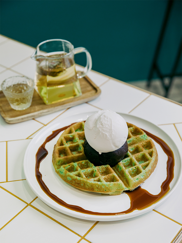 Titus Low Only Creamery_HungryGoWhere_Midsummer’s Night artisanal tea (a white tea with flower petals and fruits), and coconut pandan waffles with dark chocolate and coconut sorbet