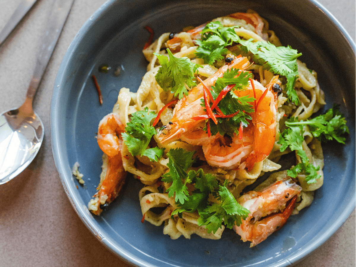 Anna’s big red sea prawn aglio olio.