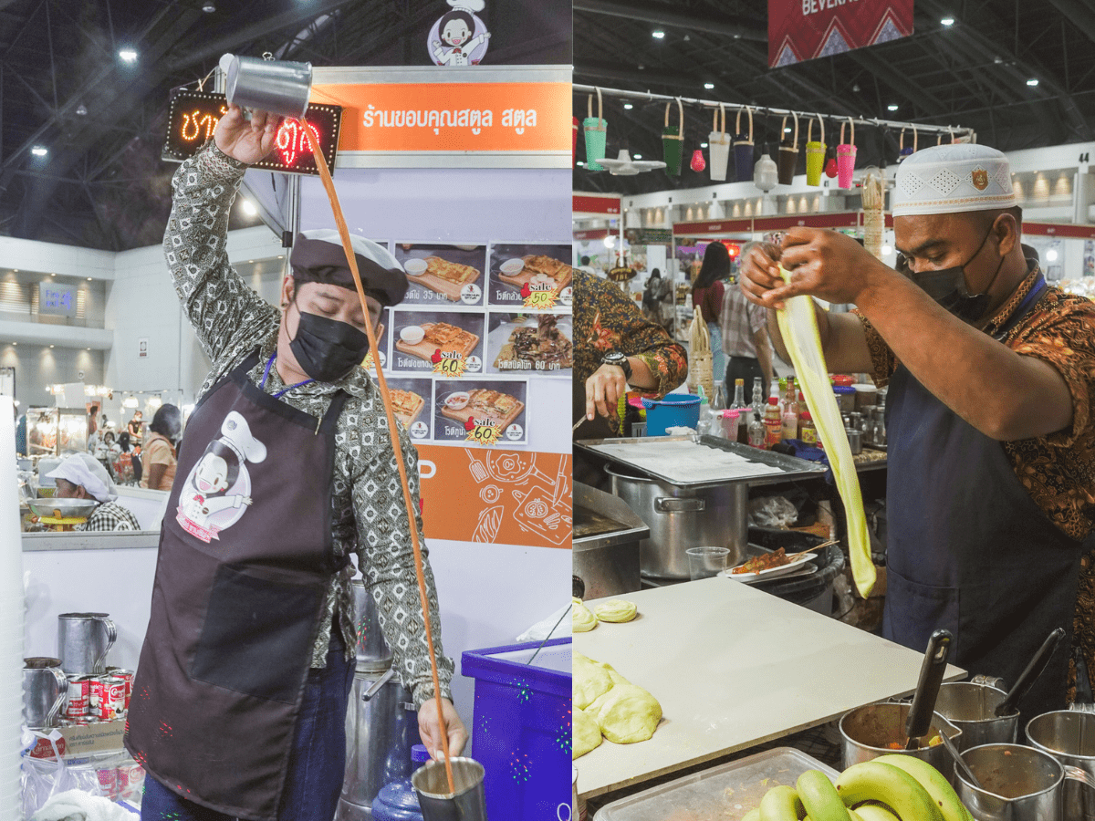 The cha chak (left) and Thai roti prata (right) being prepared.