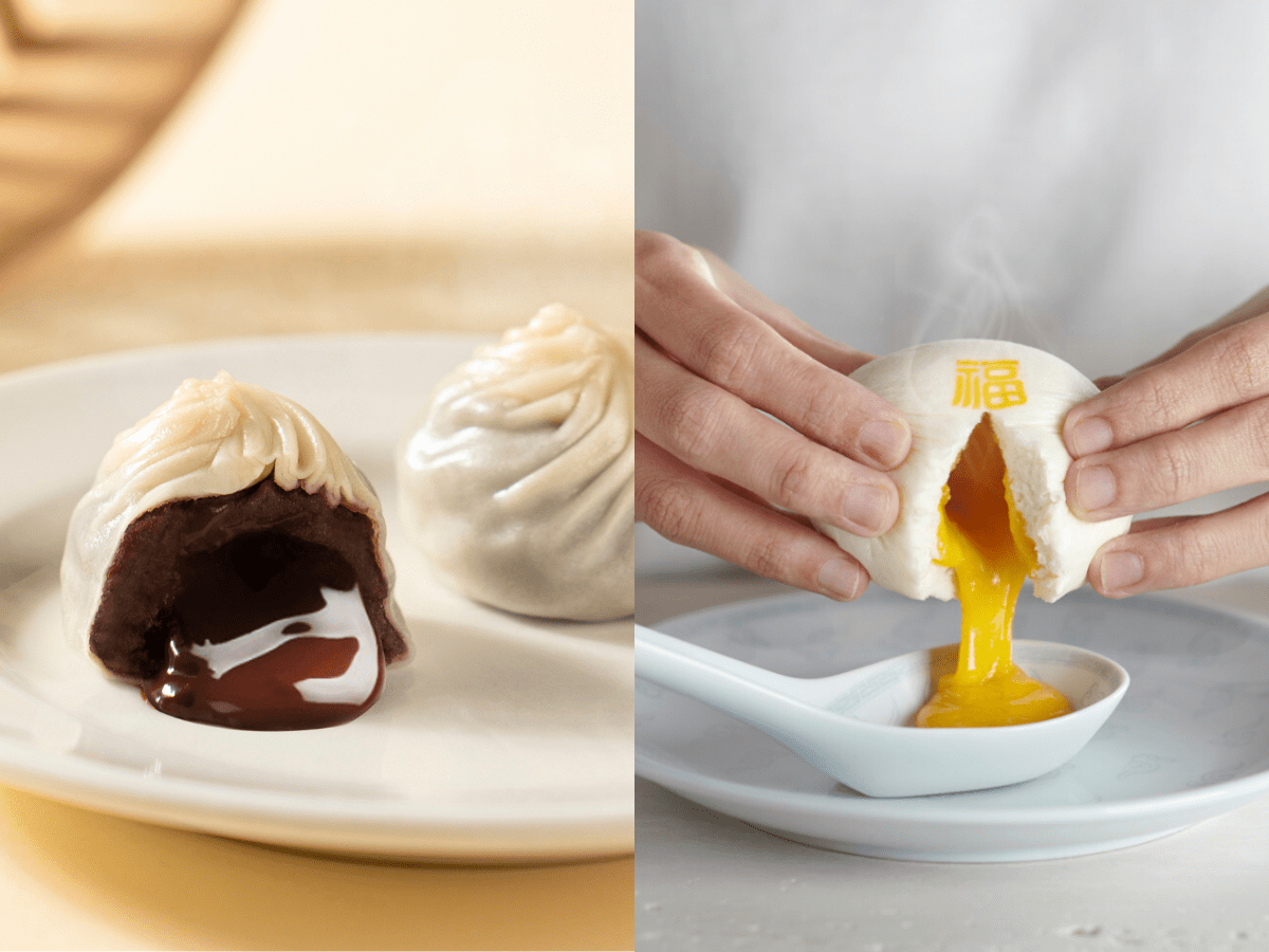 The steamed red bean xiao long bao with chocolate lava (left) and steamed custard bun (right).