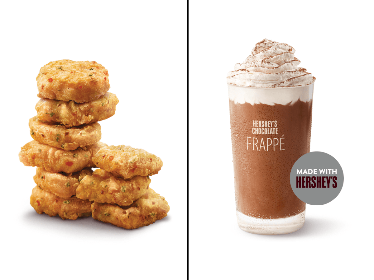 The spicy chicken McNuggets (left) and Hershey’s chocolate frappe (right)
