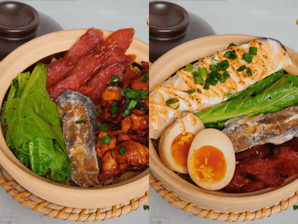 Claypot chicken rice (left) and claypot salmon mentaiko mayo and hanjuku egg with rice (right).