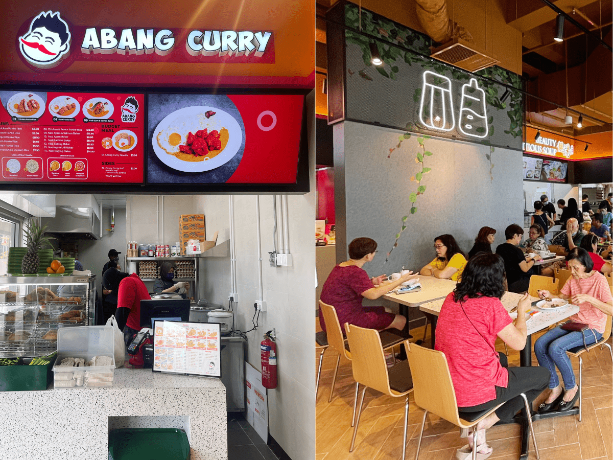 Abang Curry (left) and a crowd enjoying a meal at Kopitiam Corner (right).