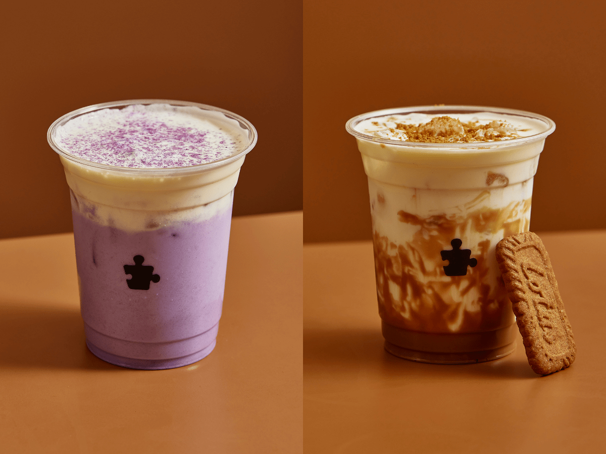 Puzzle Coffee's purple sweet potato latte (left) and biscoff latte (right)
