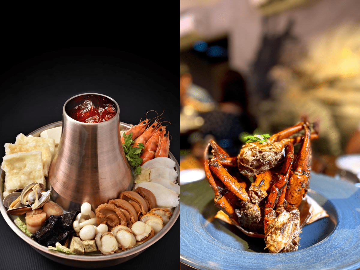 The TXY signature seafood hotpot (left) and angelica black pepper crab (right).