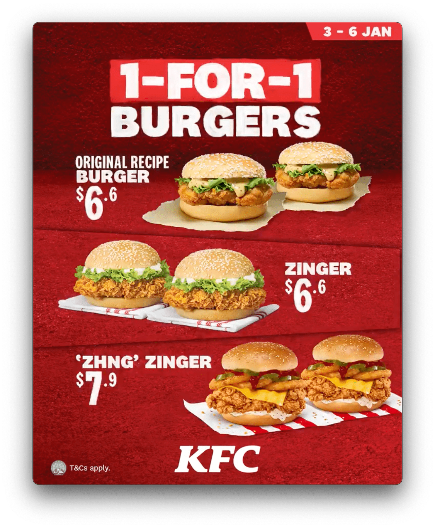 KFC is offering 1for1 burger deals for its popular Zinger HungryGoWhere