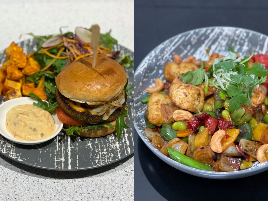 06 ja iVegan--black bean burger and kung pao tofu-healthy vegan food for cancer survivors-HungryGoWhere