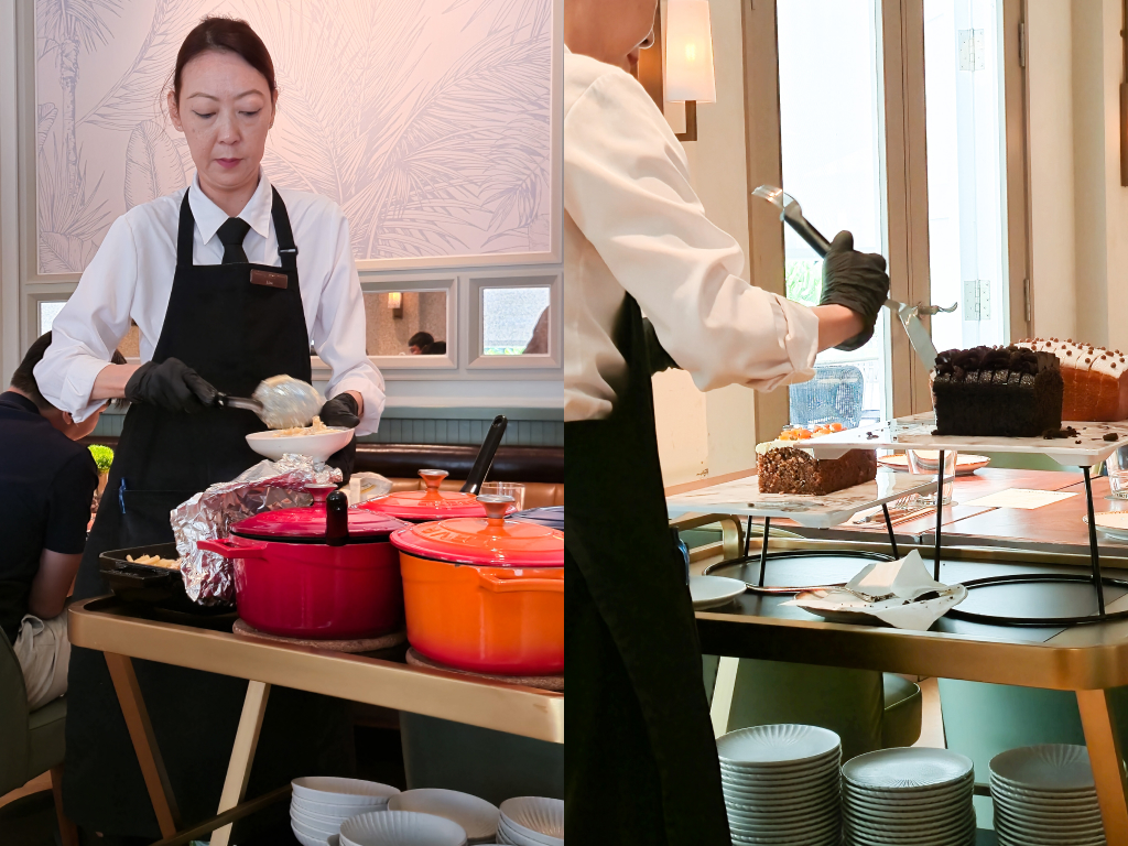 From left: A server scooping Bedrock mac ‘n’ cheese from the sides trolley, slicing and serving cakes from the sweets trolley. Photos: Zawani Abdul Ghani/HungryGoWhere bedrock origin