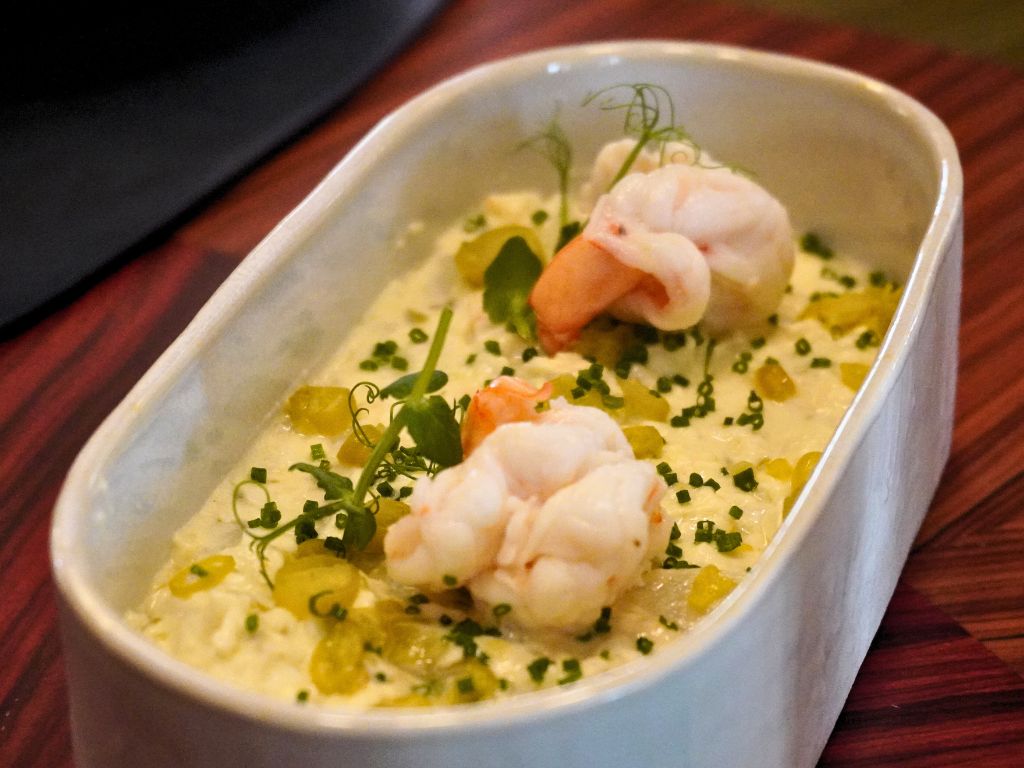 Ensaladilla de gambas y encurtidos or prawn and potato salad with pickles. Photo: Angeline Ang/HungryGoWhere binomio raffles hotel singapore