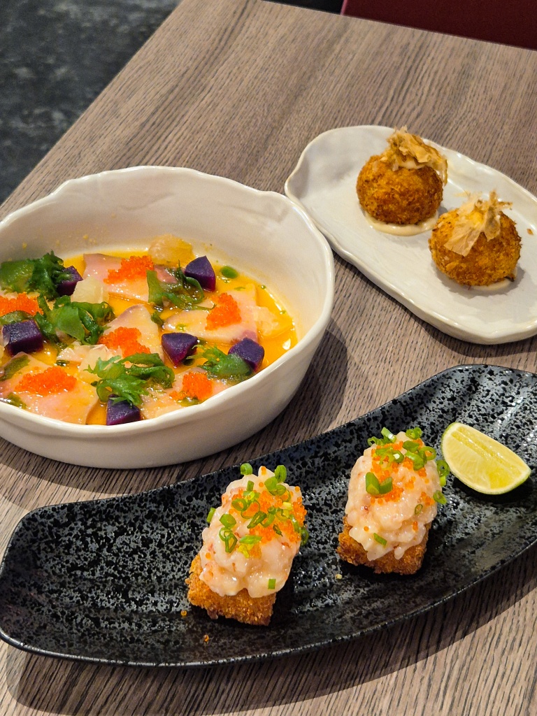 Clockwise from left: Hamachi tiradito, crab and prawn croquettes, Argentinian prawn tartare with crispy rice sushi. Photo: Sarah Chua/HungryGoWhere humo spanish izakaya singapore