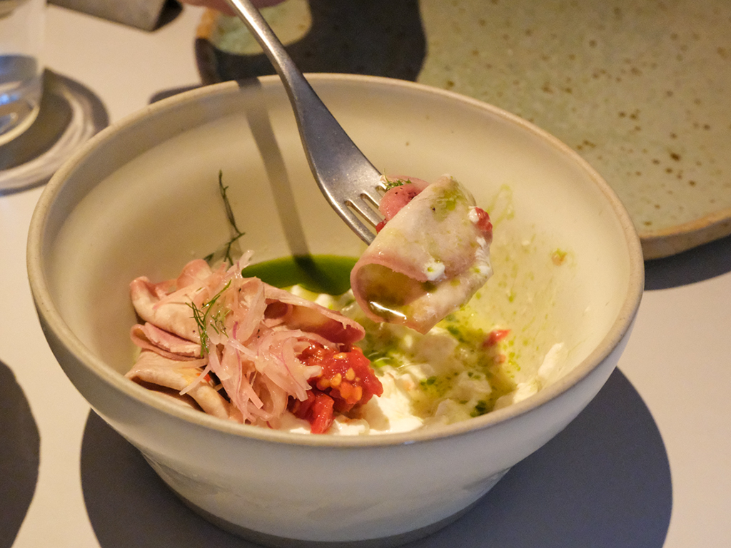 Ox tongue with stracciatella and chinchalok sounds odd on paper but is excellent in the bowl. Photo: Gary Lim/HungryGoWhere Belimbing