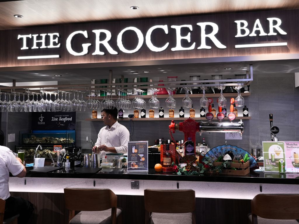 Grab a seat at the bar and relax with a drink — all within the FairPrice outlet. Photo: Angeline Ang/HungryGoWhere fairprice finest sembawang