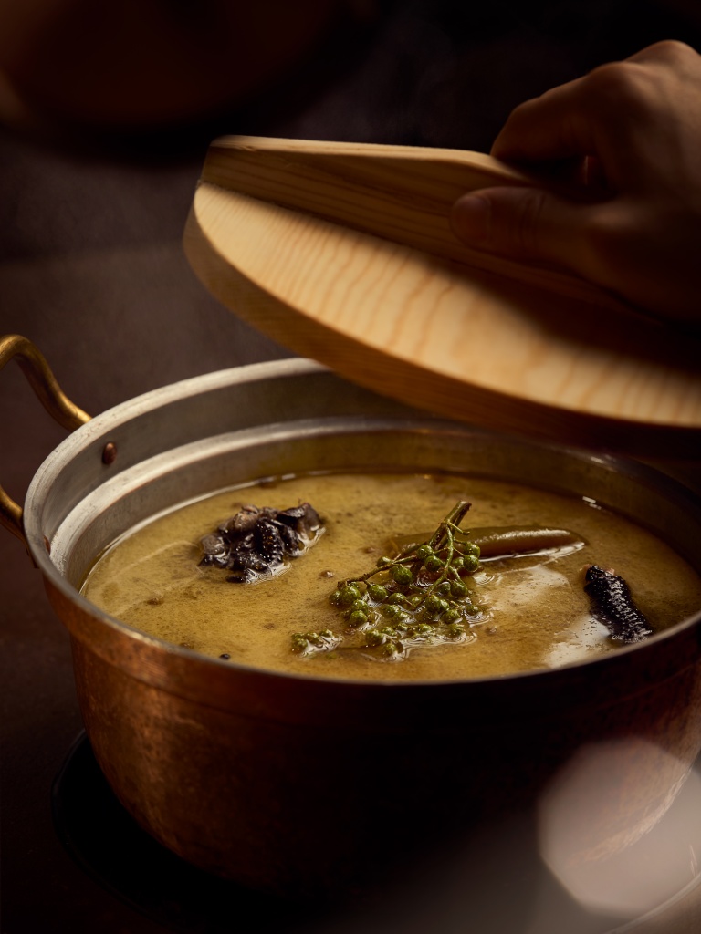 Signature broth with Sichuan green pepper and Taiwanese pickled chilli. Photo: Bon Broth steamboat singapore