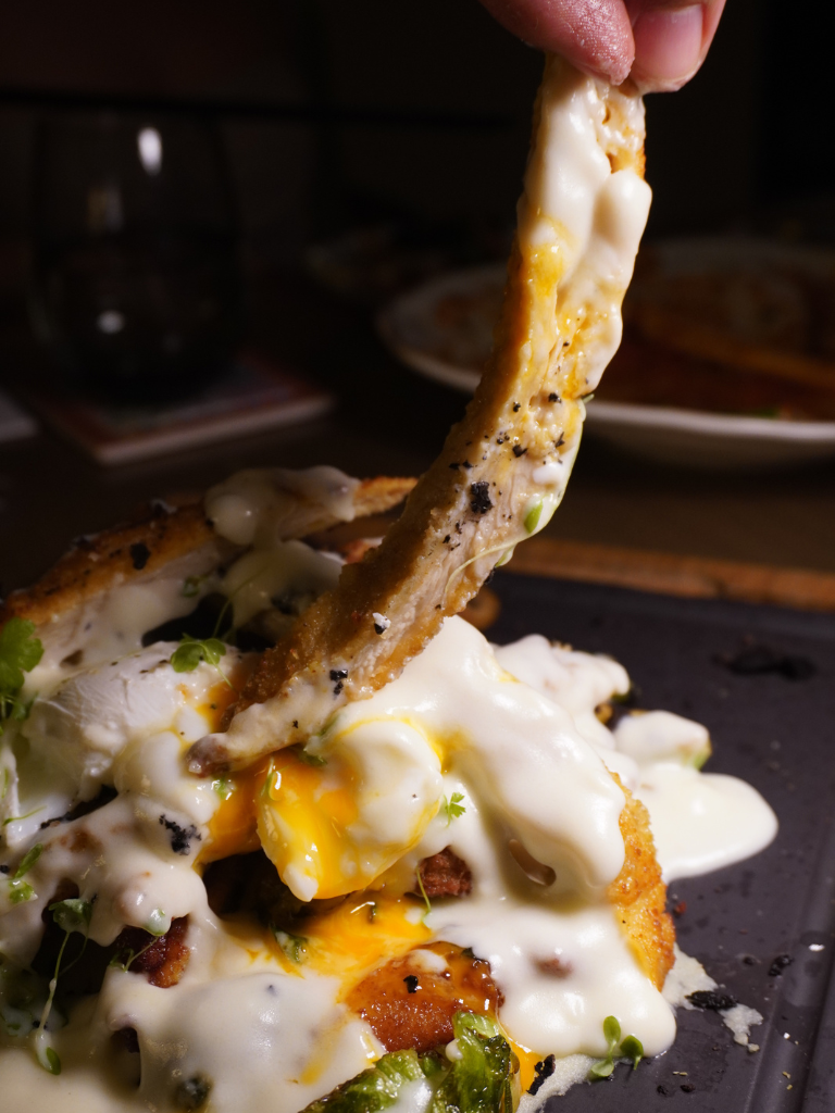 This tall, gooey stack of chicken strips. Photo: Angeline Ang/HungryGoWhere the lobby lounge