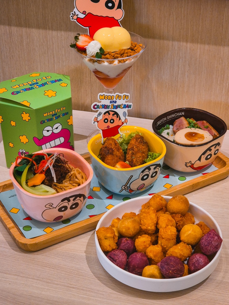 Various items in Wong Fu Fu’s pop-up menu, including the three signature mini bowls, and the tater tots with Taiwan mochi balls. Photo: Sarah Chua/HungryGoWhere wong fu fu crayon shin chan