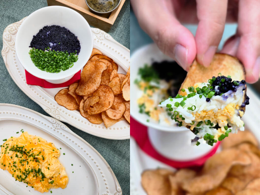 House-cut potato chips and scrambled eggs with shaved winter black truffle (left), and a close-up of the chips with sour cream and chopped egg dip. Photos: Zawani Abdul Ghani/HungryGoWhere The Masses Sunday Brunch