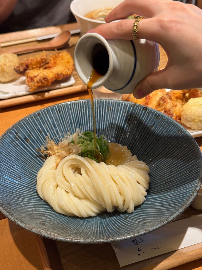 The cold bukkake comes with a side of stock on the side, meant to be poured over the noodles. Photo: Gaelmaine Hoong/HungryGoWhere tokyo food