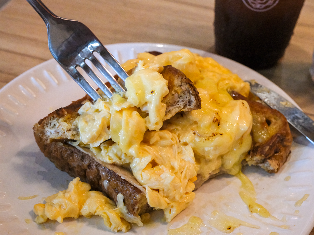 The savoury French toast is tasty but the greasiness quickly overwhelms. Photo: Gary Lim/HungryGoWhere baby fangs