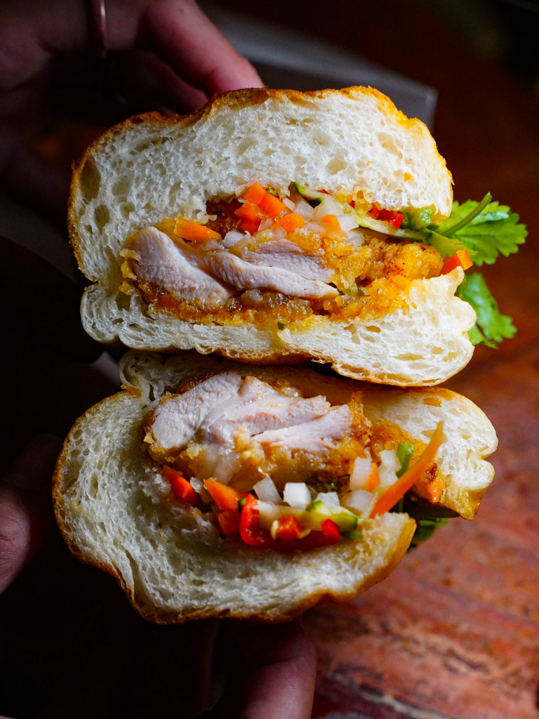 Fried chicken banh mi with sriracha sounds like a great idea, right? Photo: Evan Mua/HungryGoWhere nonette banh mi singapore