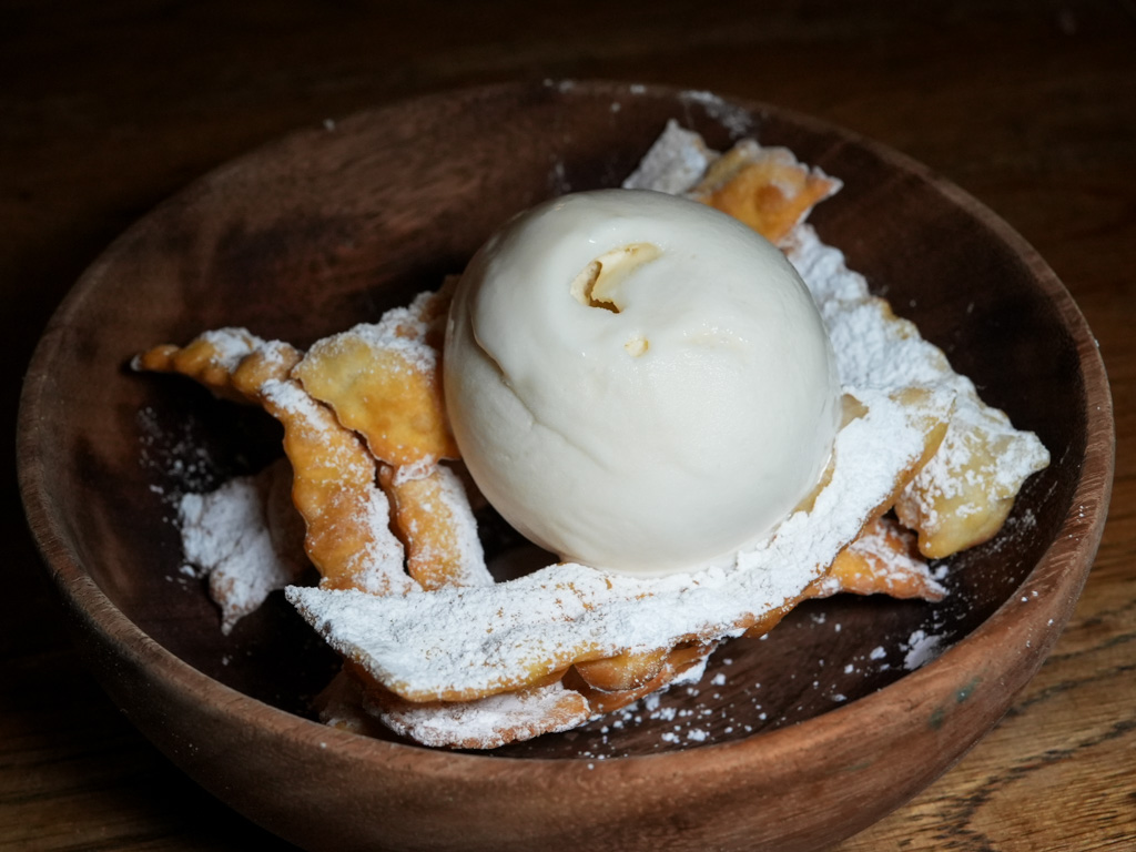 Crispy chiacchiere pastries with sorbet — a fun, sweet finish. Photo: Angeline Ang/HungryGoWhere il giardino botanic gardens