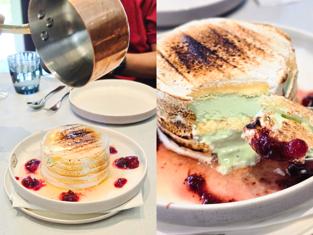 Merlion Flame (left) being flambeed with dark rum, pandan coconut gelato is encased within the meringue shell (right). Photos: Zawani Abdul Ghani/HungryGoWhere The Sunday Bucket at Madison's