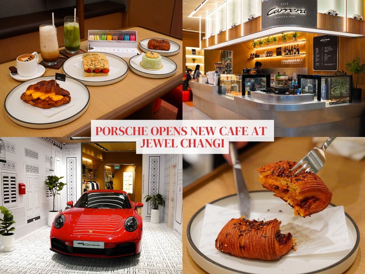 Porsche opens cafe at Jewel with a 911 Carrera on display, branded swag, and Baker & Cook serving up pastries