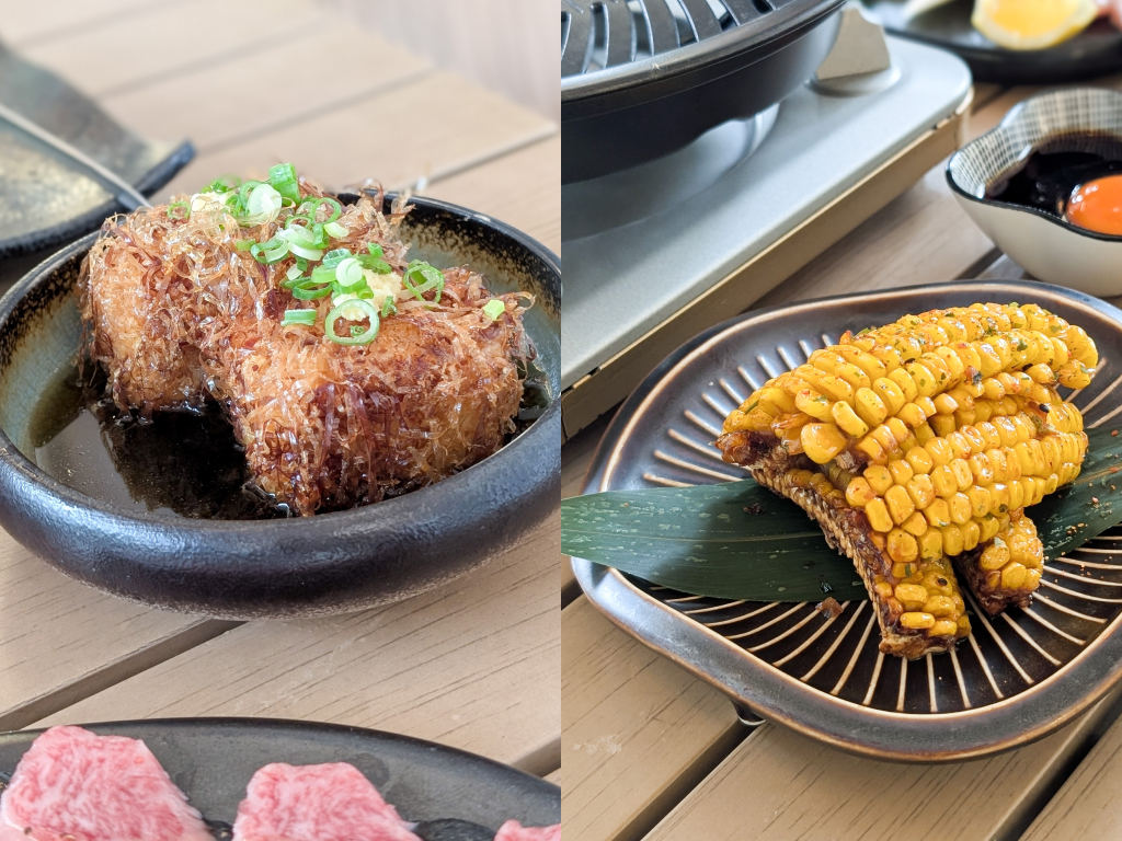 Kawari agedashi tofu (left, pillowy tofu cubes in broth), corn ribs shoyu butter aonori (right, baked corn “ribs” with garlic-shoyu butter and seasoned with seaweed). Photos: Zawani Abdul Ghani/HungryGoWhere ka-en grill and sushi bar