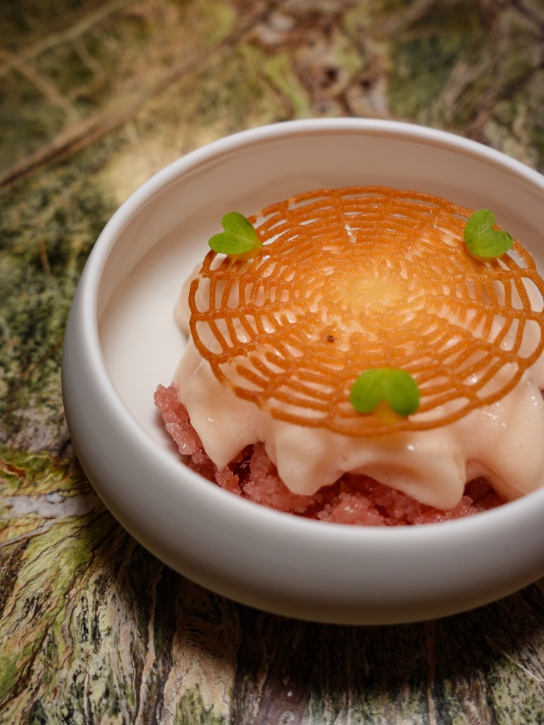 A palate cleanser that came with basil from the garden, blood orange jelly, pomegranate granita, and Campari foam. Photo: Sarah Chua/HungryGoWhere Forage Mandai