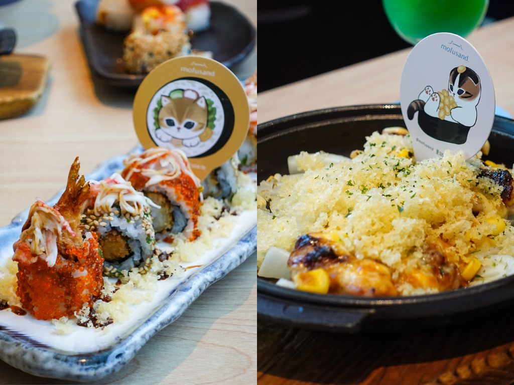 Neko ebi roll (left) and cheesy corn tori yaki (right). Photos: Sarah Chua/HungryGoWhere Sushi Tei Mofusand collab