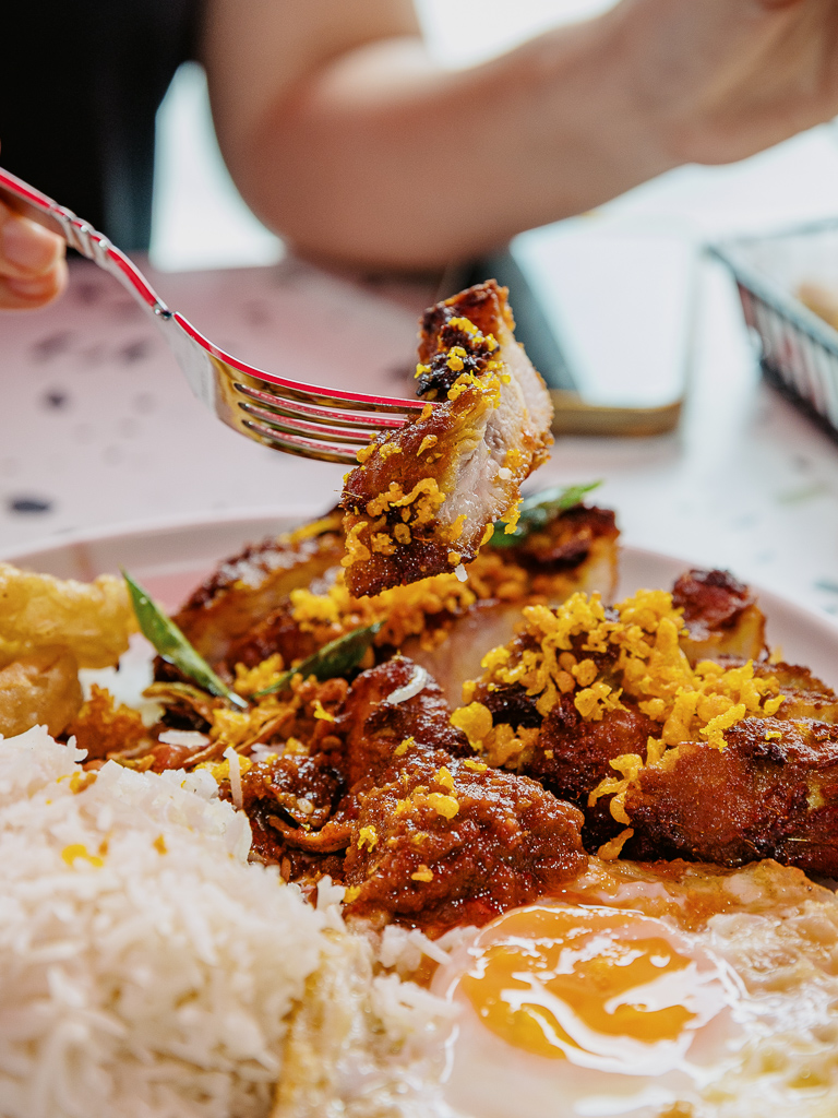 Tasty pork belly, which pairs well with the coconut rice. Photo: Ravin Thiruchelvam/HungryGoWhere Heartland by Enjoy