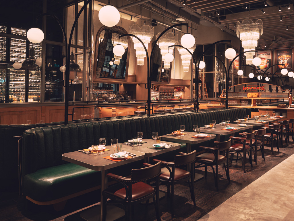 The interior of Moutarde has casual booths in a classy colour scheme. Photo: Moutarde and Sundae Royale Moutarde and Sundae Royale