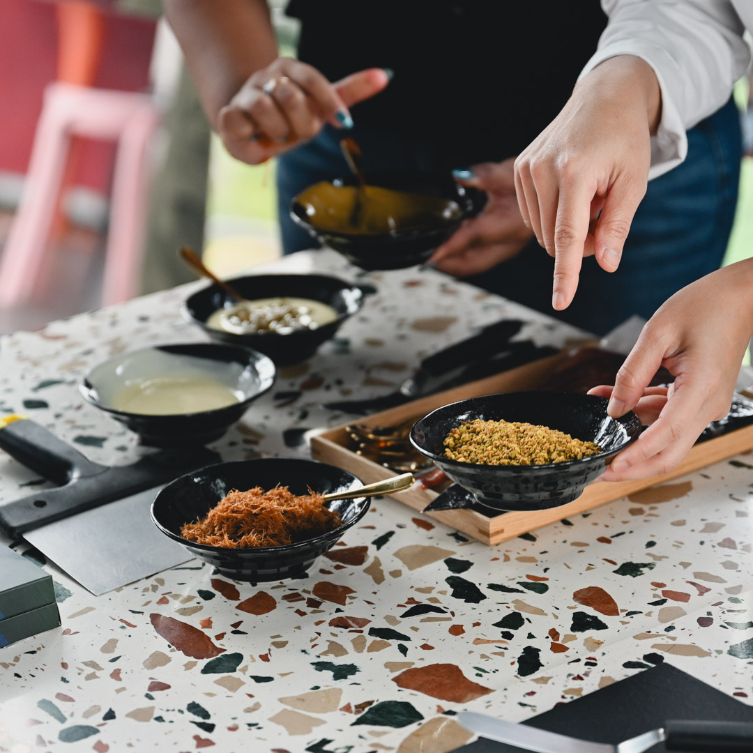Buah keluak, red date salted caramel, jasmine tea, pistachio and kunafa — unlikely ingredients that come together in a chocolate bar like no other. Photo: Abdul Rahim Anwar/HungryGoWhere singapore dubai chocolate