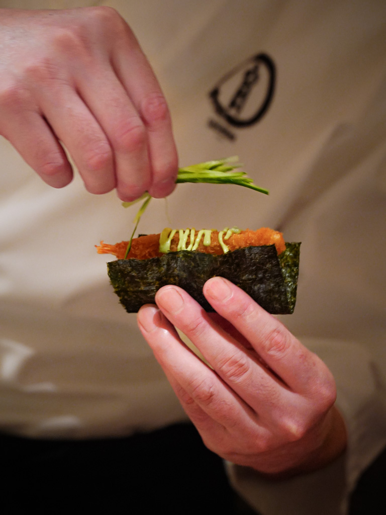 Plenty of interesting and creative handrolls too, such as this ebi fry with wasabi mayo. Photo: Evan Mua/HungryGoWhere sushidan singapore