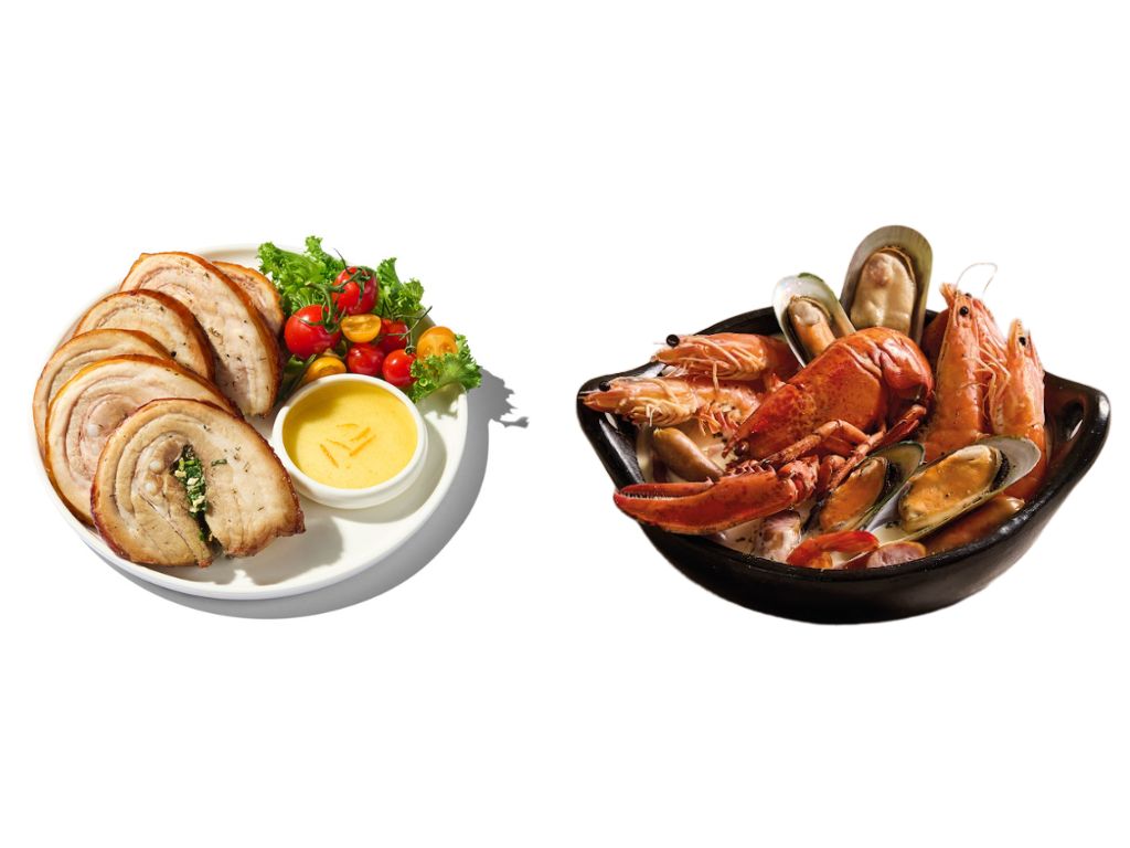 SimplyMeat porchetta (left) and SimplyMeat seafood in the bag with lobster (right). Photo: Fairprice Group