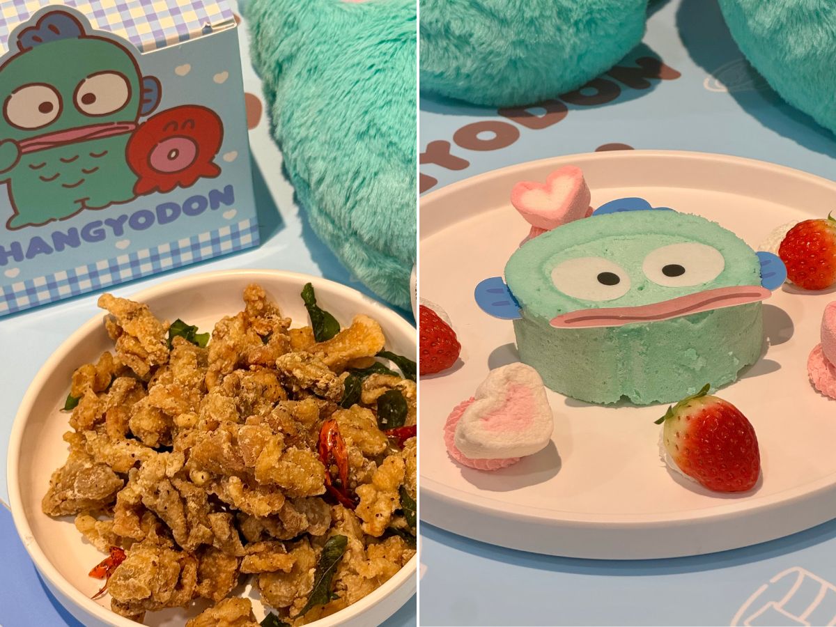 Our chosen snack of crispy Taiwan salt and pepper chicken (left) and Hangyodon’s Swiss roll (right). Photo: Foo Jia-En/HungryGoWhere hangyodon pop up singapore