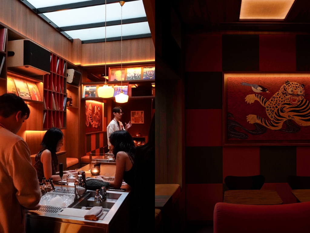 From left to right: BOP’s distinct air well feature, and its tiger and magpie motifs, which dot the bar. Photos: Sarah Chua/HungryGoWhere, BOP BOP cocktail bar