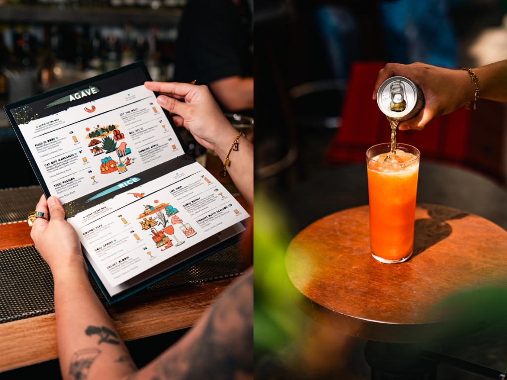 Cat Bite’s new menu (left) and its Get The MSG cocktail, topped with beer. Photos: Allyson Chin for Cat Bite Club New menus singapore february