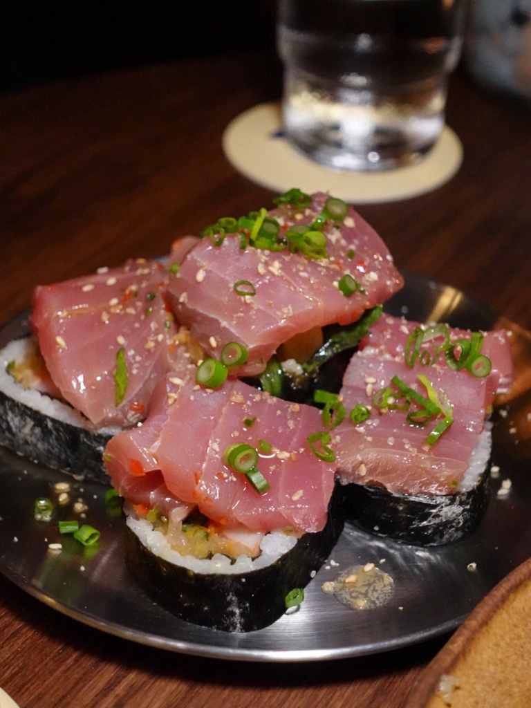 The tuna kimbap has slices of raw tuna perched on a traditional tuna rice roll. Photo: Sarah Chua/HungryGoWhere BOP cocktail bar