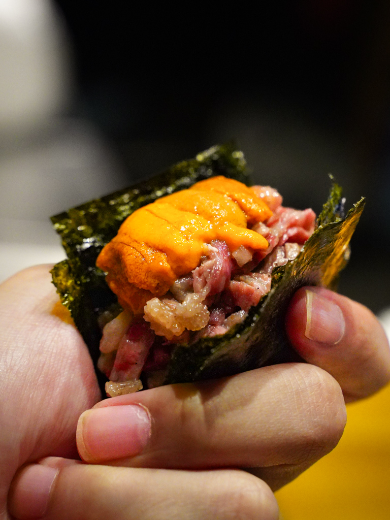 Wagyu and uni handroll! Photo: Evan Mua/HungryGoWhere Fat Cow