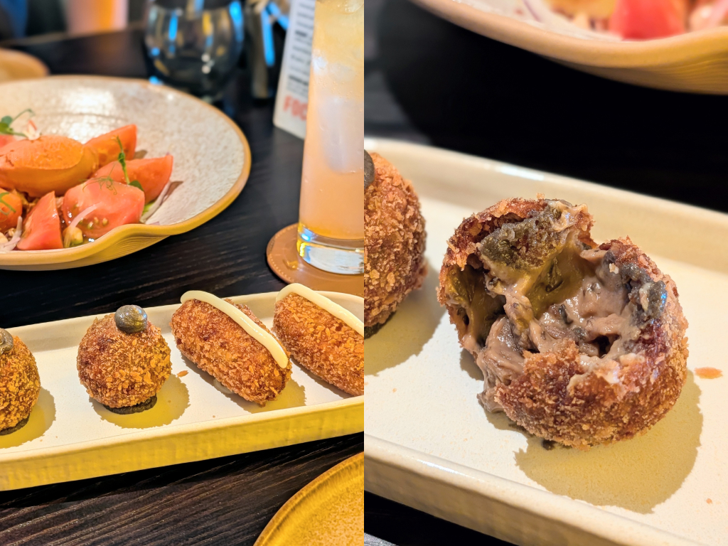 From left to right: FOC duo croquetas, inside a porcini mushroom croquette. Photo: Zawani Abdul Ghani/HungryGoWhere FOC restaurant set lunch menu