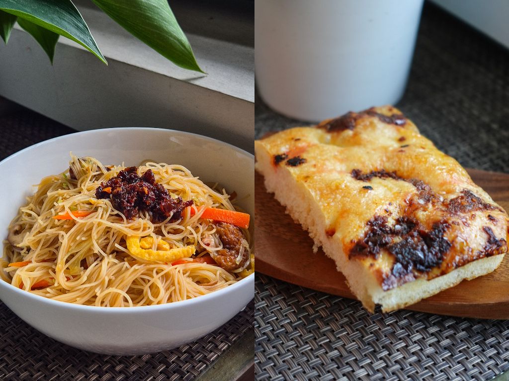 From left: How I’ve had Crackle at home (with fried beehoon), and a housemade slice of focaccia with Crackle folded in. Photos: Sarah Chua/HungryGoWhere crackle chilli crisp audrey yeong