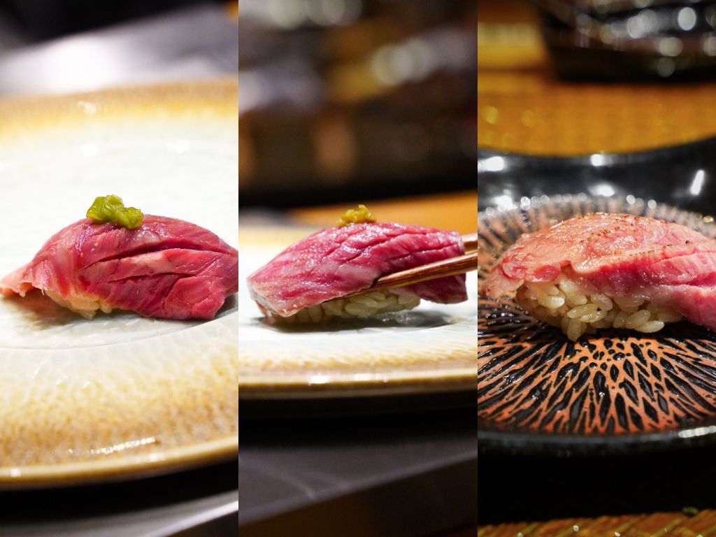 Three different expressions of ootoro wagyu nigiri. Photo: Evan Mua/HungryGoWhere Fat Cow