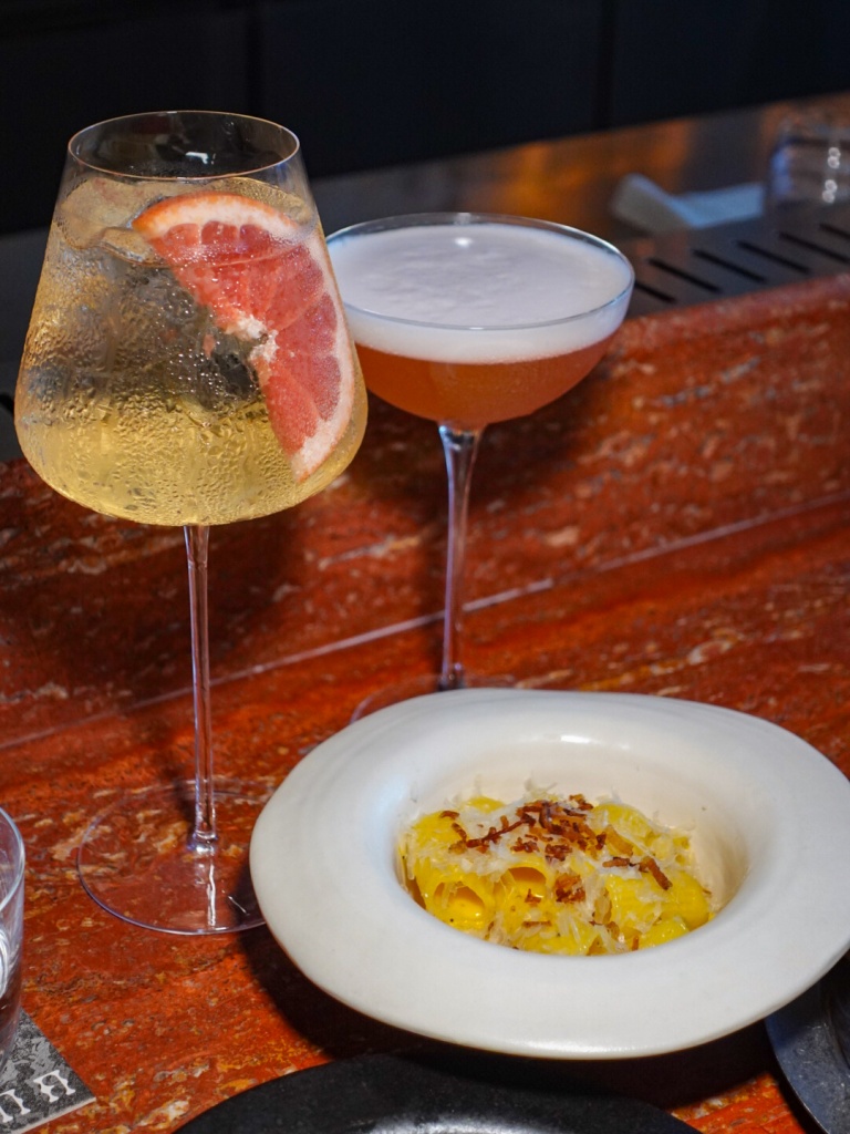 Your first cocktail comes with a pretty sizable plate of carbonara — we had ours with Bar Somma’s Italian spritz (left) and Mai Tai sour (right). Photo: Sarah Chua/HungryGoWhere Bar Somma Carbonara
