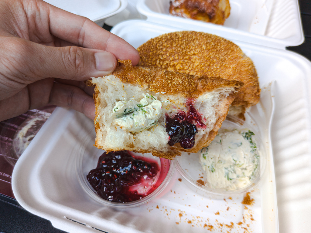 The corn-crusted English muffin is good enough to eat on its own, but better with garlic cream cheese and raspberry jam. Photo: Gary Lim/HungryGoWhere Touchwood Breakfast Bar