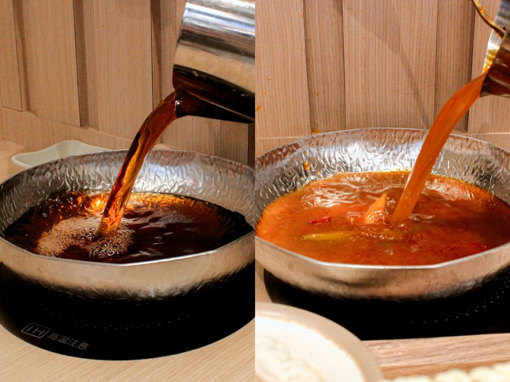 From left to right: Sukiyaki with pasteurised egg and spicy umami broths. Photo: Angeline Ang/HungryGoWhere shabu days bukit panjang