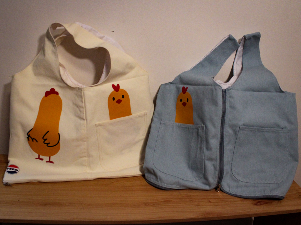 From left to right: The tote bag, and how it looks when turned into a vest. Photo: Angeline Ang/HungryGoWhere texas chicken chef bob ayam percik