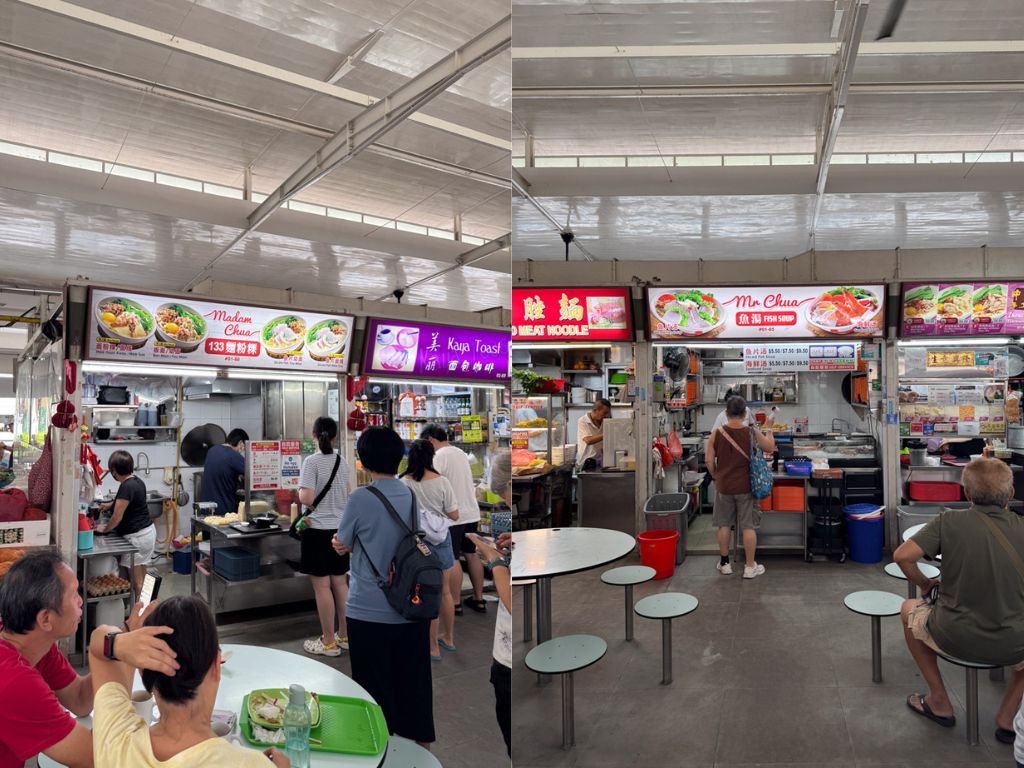 Madam Chua Mee Hoon Kueh and Mr Chua Fish Soup both sport similar branding and signboards. Photo: Sng Ler Jun/HungryGoWhere 216 Bedok Food Centre and Market