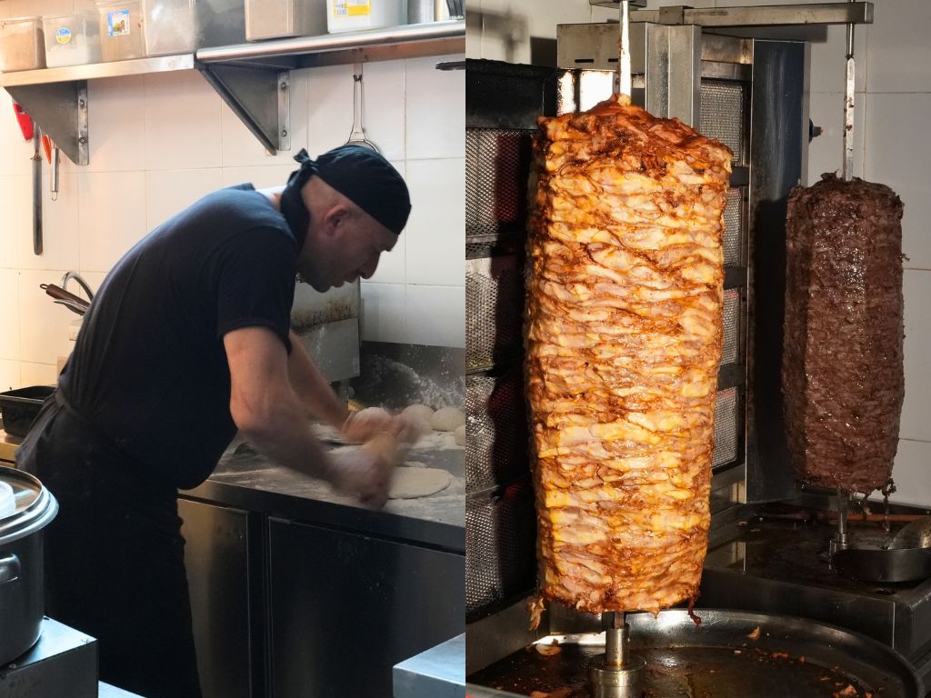 From left: Rambo preparing the pita bread on the spot, while the meat is cooked on a vertical rotisserie. Photos: Shannon Yap/HungryGoWhere daddy cuisine by daddy bbq holland village